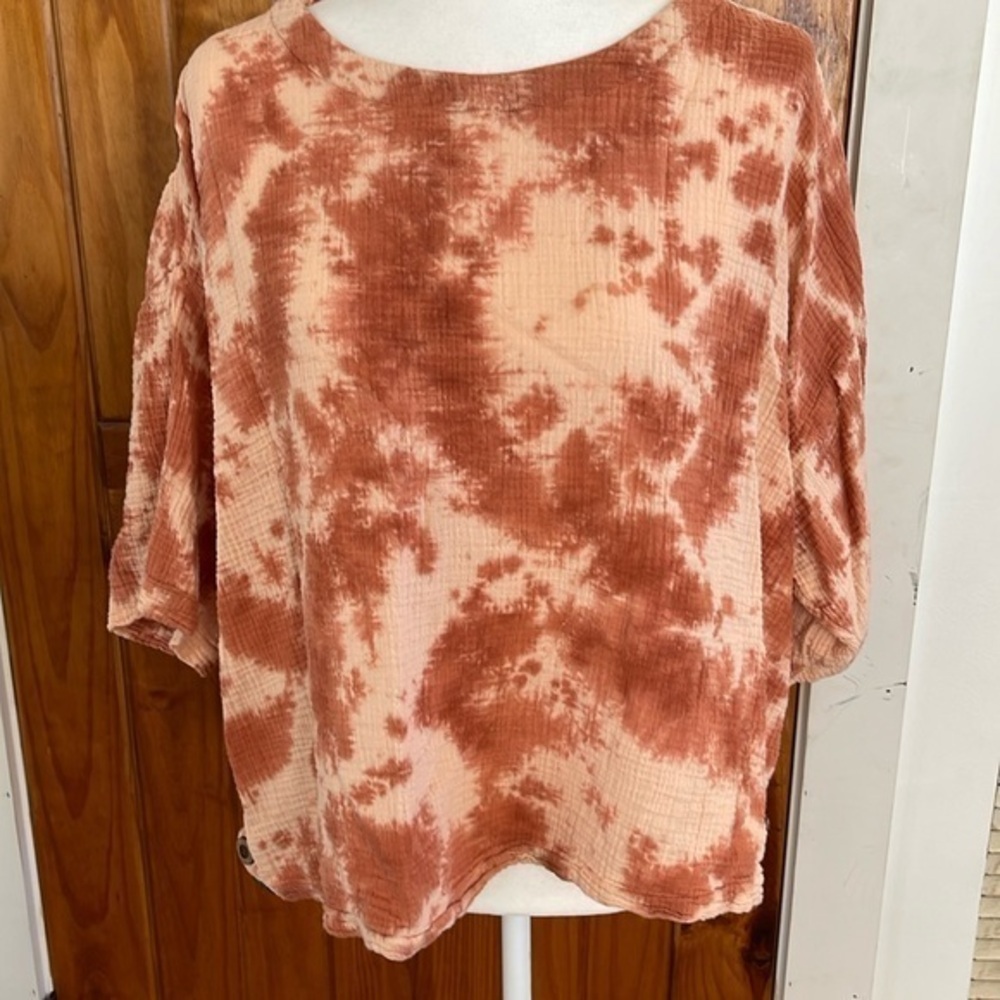 J Jill Pure Jill Peach Orange Cotton Gauze Boxy Top Large Petite Tie Dye